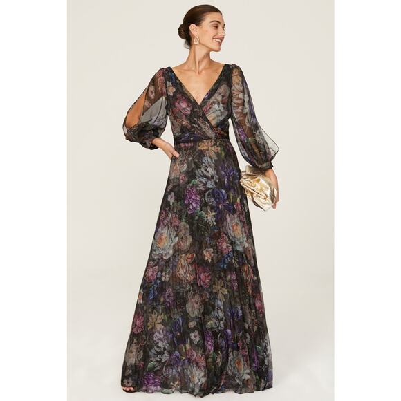 Marchesa Notte Metallic Floral Print Pleated Tulle V-Neck Cocktail Gown  Size 8